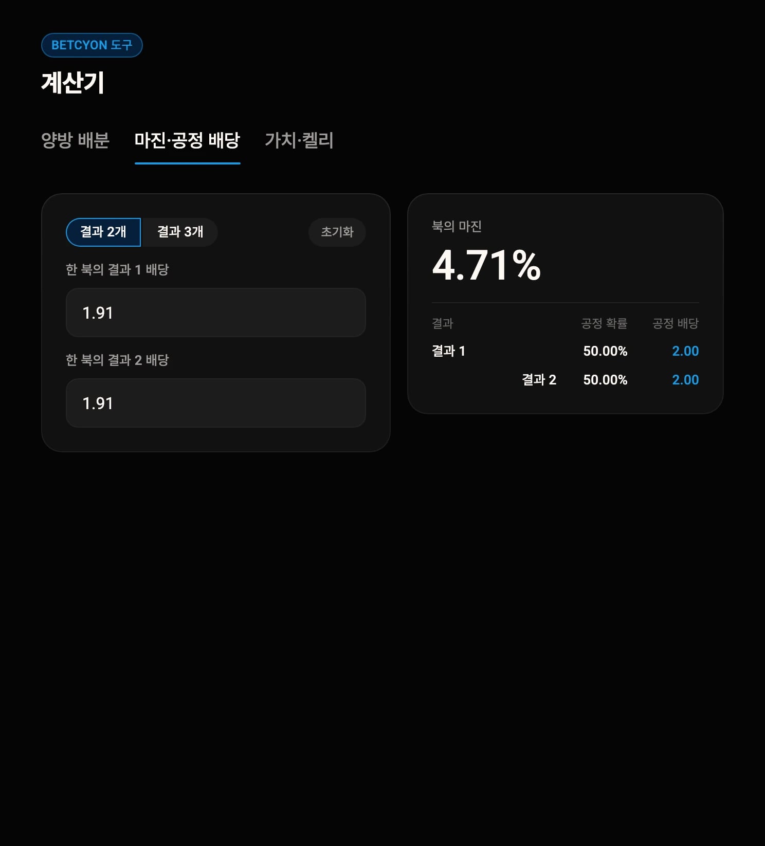 BETCYON 계산기의 마진·공정 배당 탭: 배당에 들어 있는 스포츠북 마진과 공정 배당